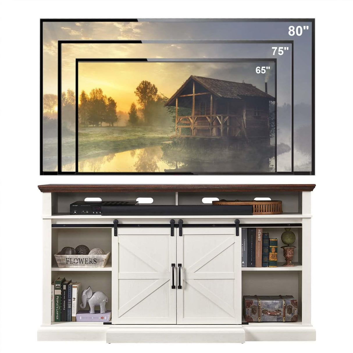 Farmhouse TV Stand for 80 Inch TVs, 38" Tall Entertainment Center w/Storage Cabinets and Sliding Barn Door, Media Console Cabinet w/Soundbar & Adjustable Shelves for Living Room, 69inch (White) IFGET