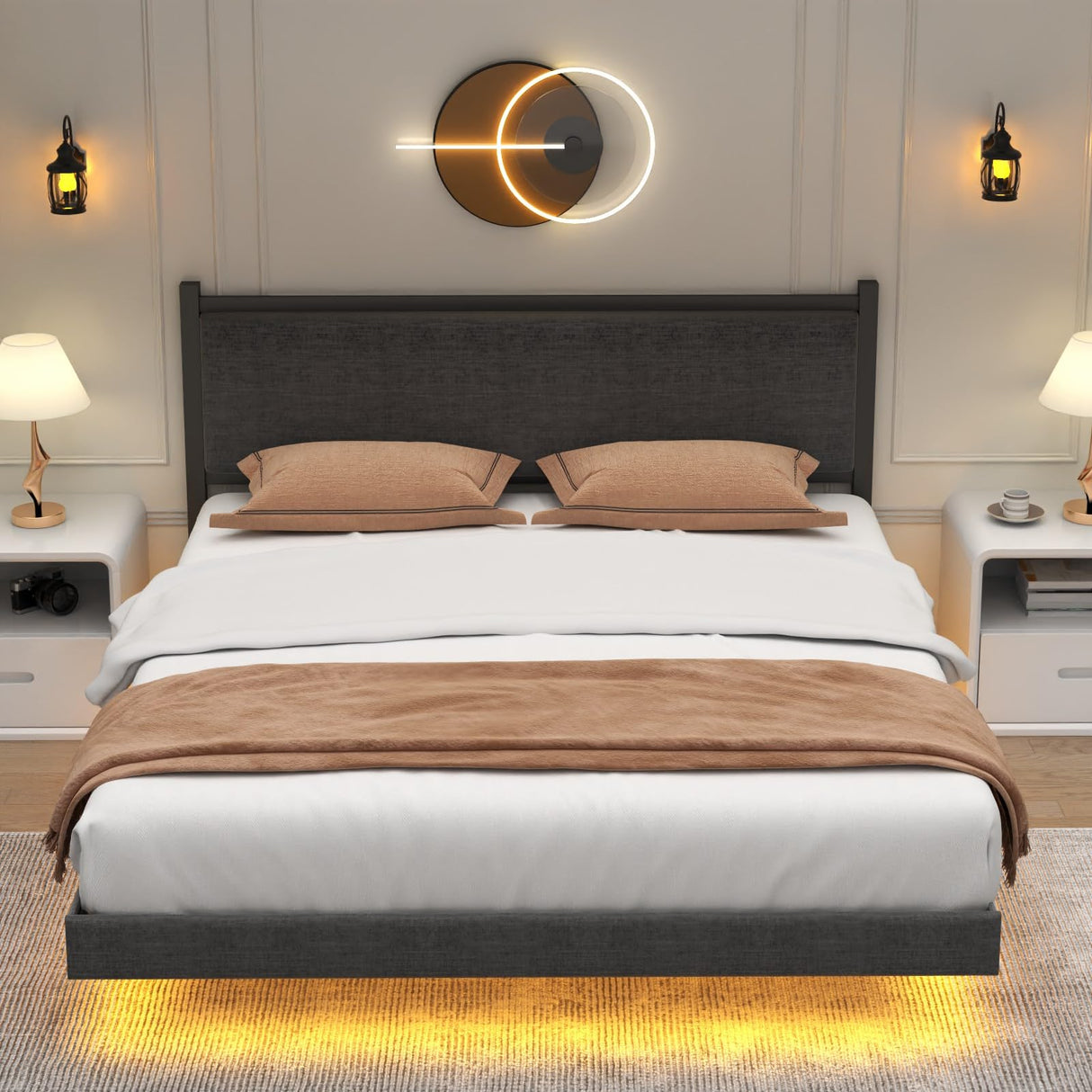 Gyfimoie Modern Queen Floating Bed Frame with LED Lights - Stylish Upholstered Platform for Effortless Assembly Gyfimoie