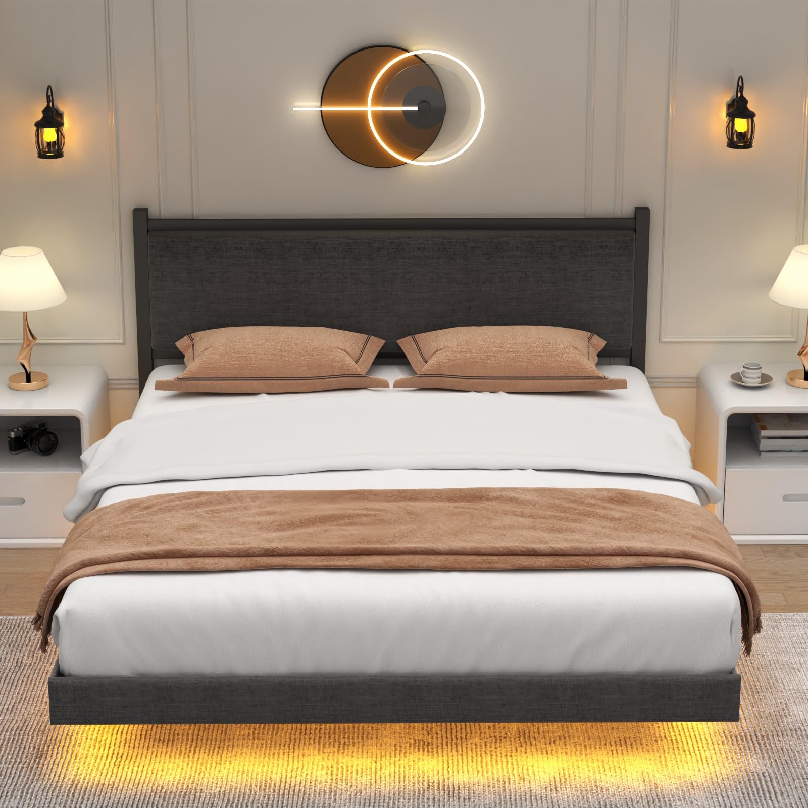 Gyfimoie Modern Queen Floating Bed Frame with LED Lights - Stylish Upholstered Platform for Effortless Assembly - WoodArtSupply