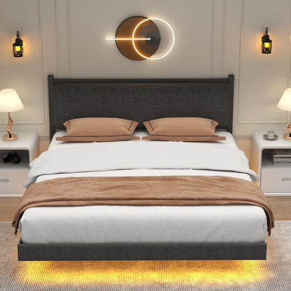 Gyfimoie Modern Queen Floating Bed Frame with LED Lights - Stylish Upholstered Platform for Effortless Assembly - WoodArtSupply