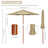 Yescom 9ft Tan Wooden Outdoor Patio Table Umbrella with Pulley Market Garden Yard Beach Deck Cafe Decor Sunshade Yescom