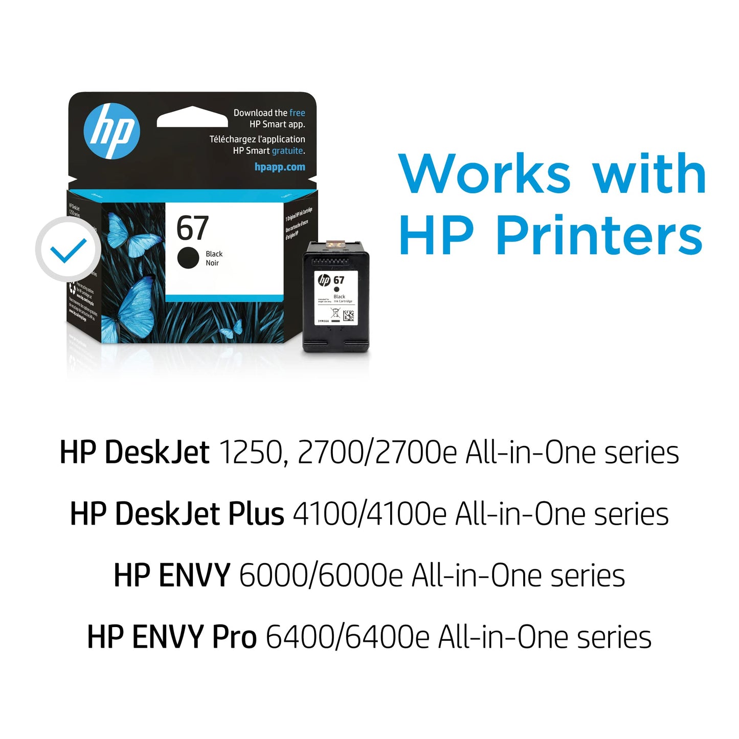 HP 67 Black Ink Cartridge | Works with HP DeskJet 1255, 2700, 4100 Series, HP ENVY 6000, 6400 Series | Eligible for Instant Ink | 3YM56AN