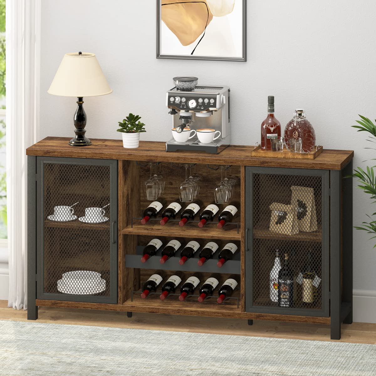 IBF Rustic Wine Bar Cabinet, Coffee Bar Cabinet for Liquor and Glasses, Farmhouse Wood Buffet Sideboard with Storage Rack, Wine Liquor Cabinet for Home Kitchen Dining Room, Rustic Brown, 55 Inch IBF