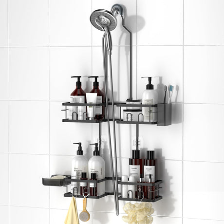 REINHARDT Adjustable Shower Caddy Hanging Rustproof Shower Caddy for Handheld Showerheads, Shower Organizer with Hooks Soap Holder Toothbrush Holder, Anti-Swing Shower Rack Bathroom Accessories, Black REINHARDT