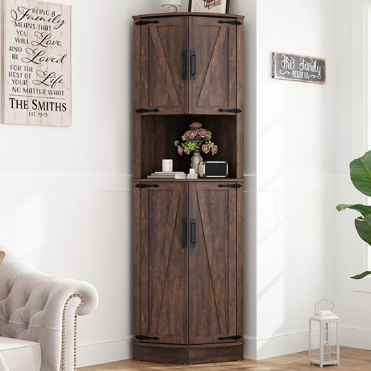 Hlivelood 68" Tall Farmhouse Corner Cabinet, Dining Room Storage Cabinet with 4 Barn Doors and 5 Level Storage with Adjustable Shelves, for Kitchen, Living Room, Laundry Room, Brown Hlivelood