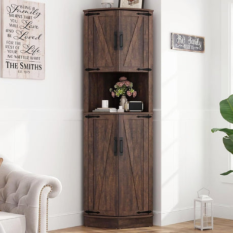 Hlivelood 68" Tall Farmhouse Corner Cabinet, Dining Room Storage Cabinet with 4 Barn Doors and 5 Level Storage with Adjustable Shelves, for Kitchen, Living Room, Laundry Room, Brown Hlivelood