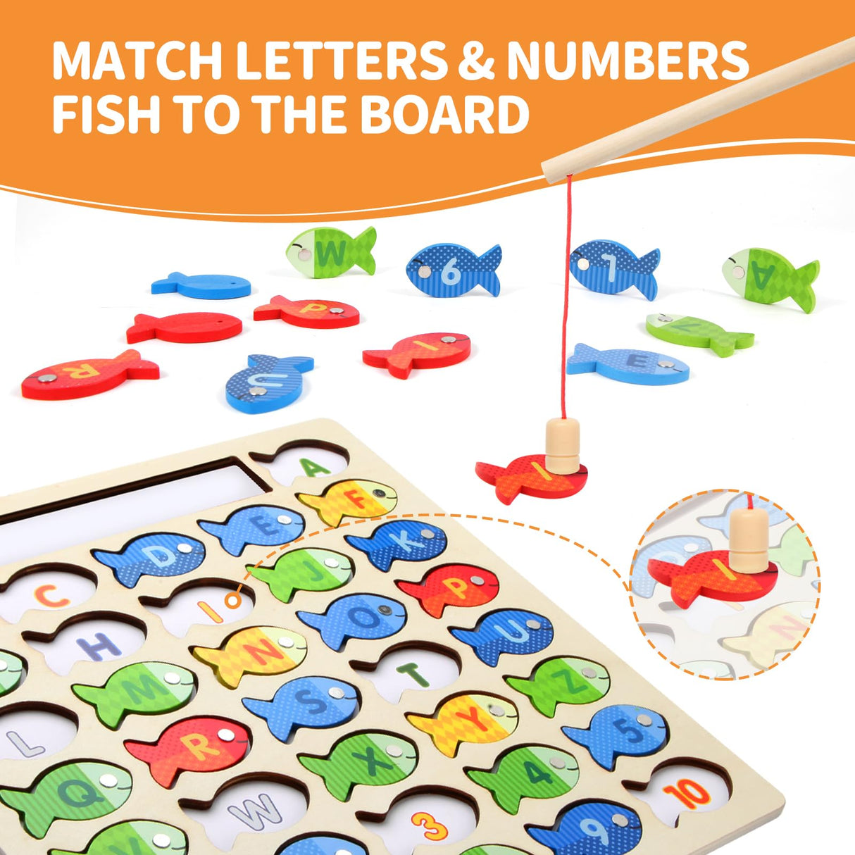 Diaodey Wooden Magnetic Fishing Game for Toddlers, Montessori Fine Motor Skills Toy with Letters and Numbers, Preschool Learning ABC and Puzzle Educational Toys Gift for 3 4 5+ Year Old Kids(2 Poles) Diaodey