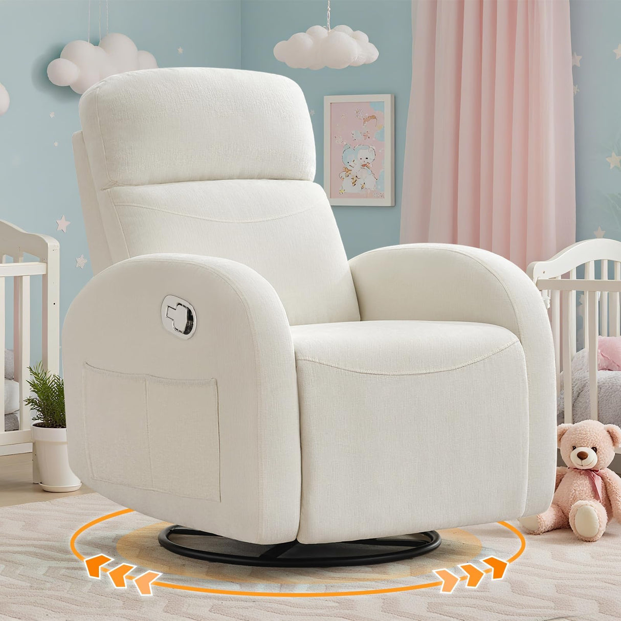 BaseBeauty Glider Nursery Recliner Chair, Swivel Rocker Recliner Glider Chair with 2 Pockets, Rocking Recliner Nursery Chair, Manual Recliners for Living Room, Bedroom, Cream White Chenille BaseBeauty