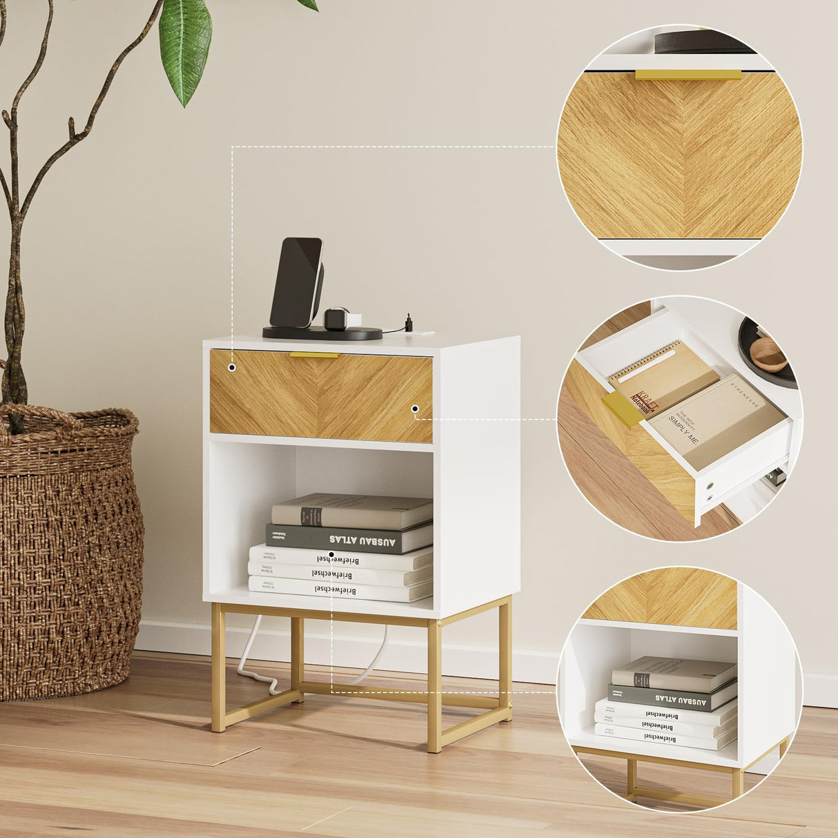 Masupu Night Stand with Charging Station,Modern Nightstand Boho Farmhouse Wood Bedside Table with Storage Drawer Side End Table for Bedroom,Living Room,Office,White with Outlet Masupu