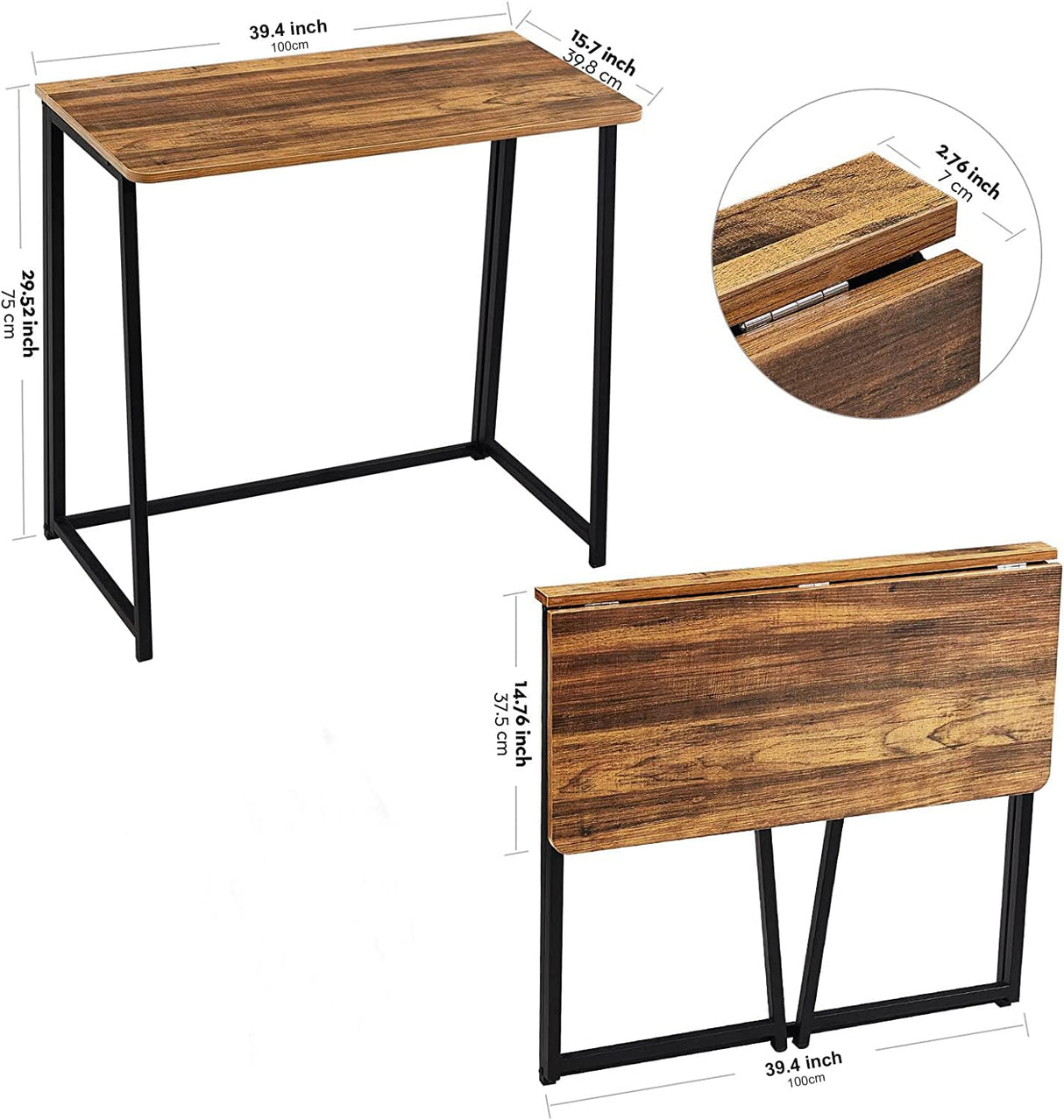 WOHOMO Folding Desk, Small Writing Desk 39.4", Space-Saving Foldable Laptop Table Writing Workstation for Home Office, Easy Assembly, Rustic Walnut WOHOMO