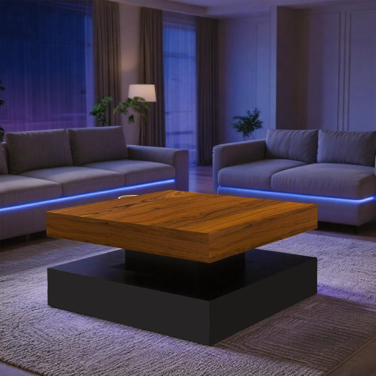 LED Coffee Table for Living Room, 2-Tier Modern Square Center Table with Music Sync Lights, High Gloss Surface, 30 3/4" x 30 3/4" (Rustic Brown+Black) Yeewe