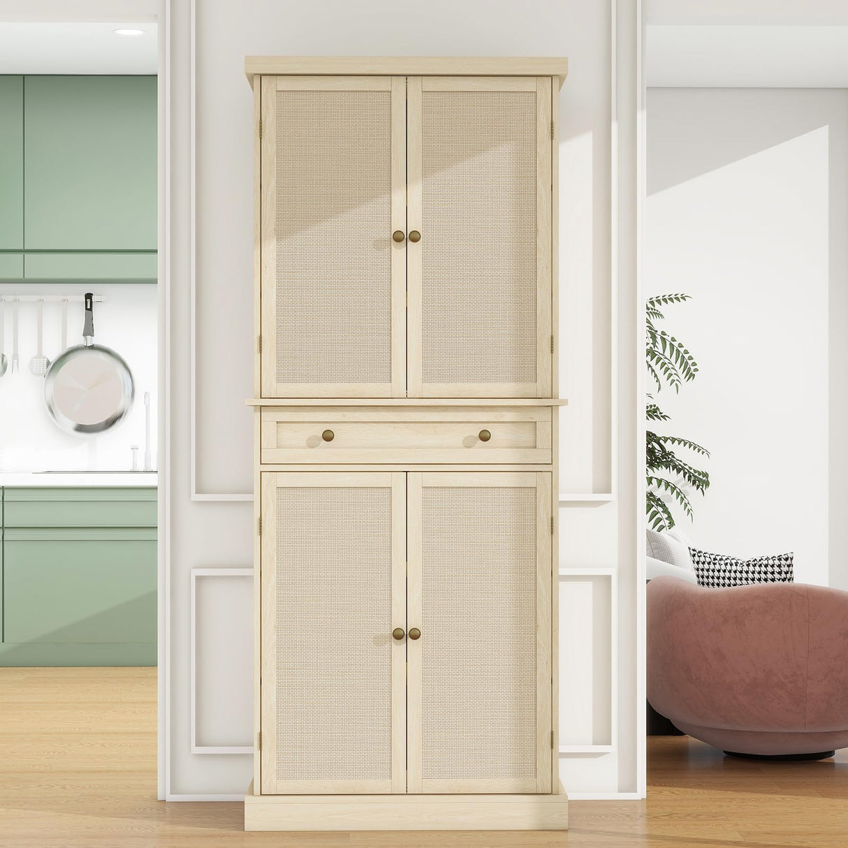 UZUGUL Kitchen Pantry Cabinet with Adjustable Shelf,72'' Tall Rattan Pantry Storage Cabinet with 4 Door and Drawer, Bedroom Wardrobe, Tall Storage Cabinet for Living Room UZUGUL