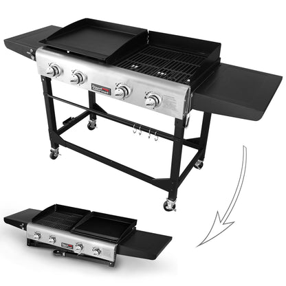 Royal Gourmet GD401 Portable Propane Gas Grill and Griddle Combo with Side Table | 4-Burner, Folding Legs,Versatile, Outdoor | Black 66 Inch