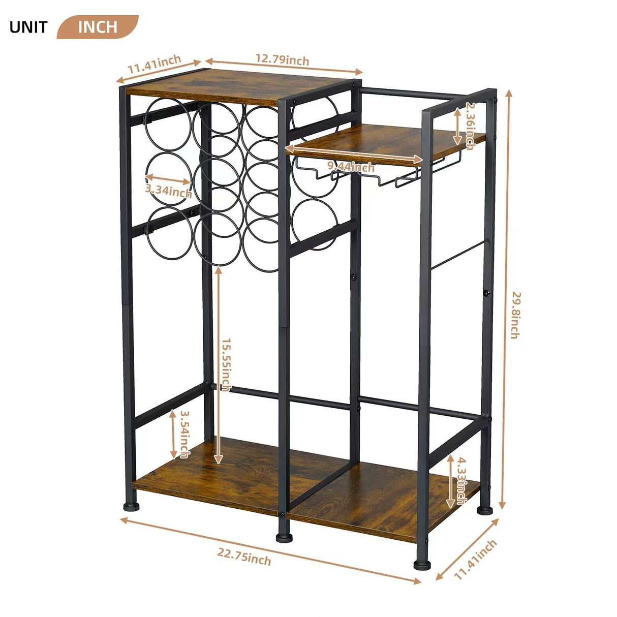 Freestanding Liquor Cabinet with 9-Bottle for Home Bar, Versatile Wine Rack Freestanding Floor with Glass Holder and Fences, Mini Bar Table Liquor Whiskey Display Large-Capacity Corner Wine Cabinet Bosimeca