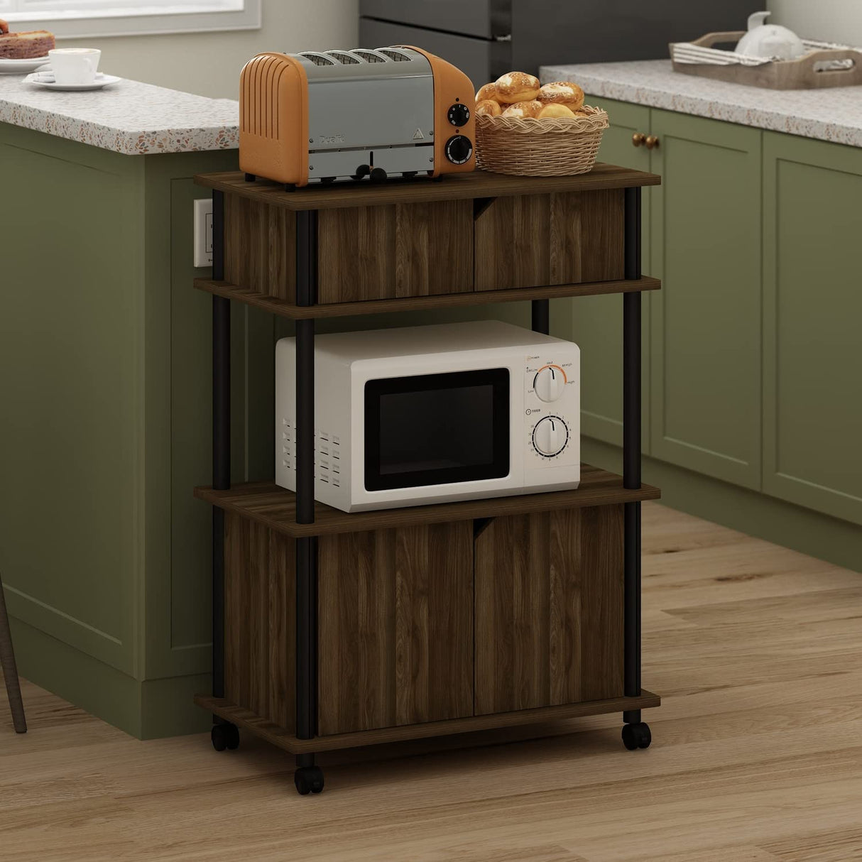 Furinno Turn-N-Tube Kitchen Storage Cart with Cabinet and Lockable Wheels, Columbia Walnut/Black Furinno