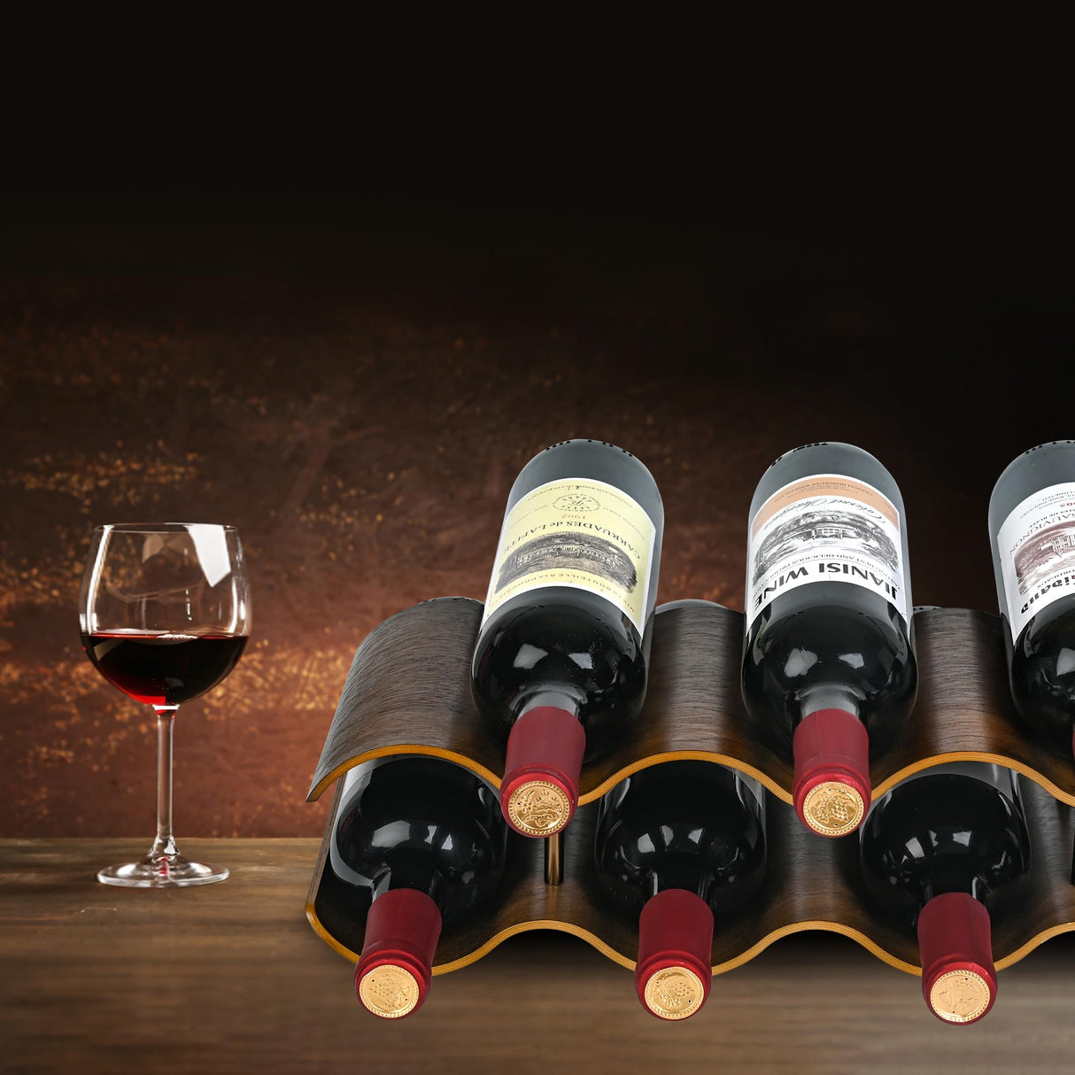 TRUDING Countertop Wine Rack - 7 Bottle Freestanding Wine Bottle Holder Stand - 2 Tier Wooden Wine Storage Rack - Walnut Wavy Wine Organizer for Cabinet Pantry Home Kitchen Bar TRUDING