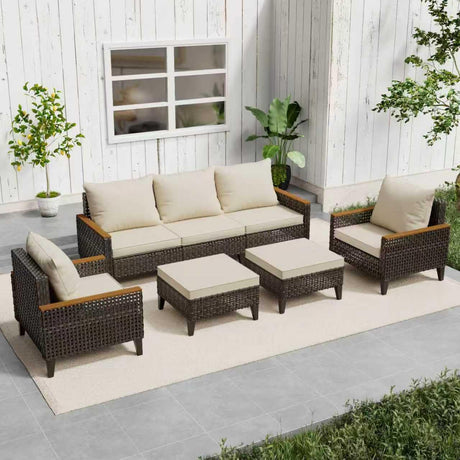 Xmkmvk 7 Piece Patio Sectional Sofa Furniture Set, All-Weather Wicker Rattan Outdoor Conversation Set with High Back and Thick Cushions, for Garden, Porch, Poolside, Beige Xmkmvk