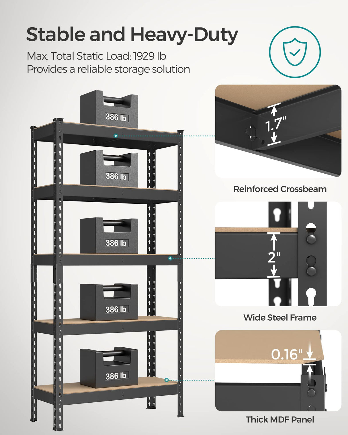 SONGMICS 5-Tier Storage Shelves, Set of 2 Garage Storage, Boltless Assembly, Adjustable Shelving Units, 11.8 x 29.5 x 59.1 Inches, Load 1929 lb Each, Shed Warehouse Basement, Black UGLR300B02 SONGMICS