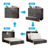 Mjkone Murphy Bed Queen, Cabinet Beds with Mattress and Built-in Charging Station, Wood Murphy Hidden Adult Guest Bed with 2 Storage Drawers, Cabinet Chest Beds for Guest Room Bedroom Home - Grey Mjkone