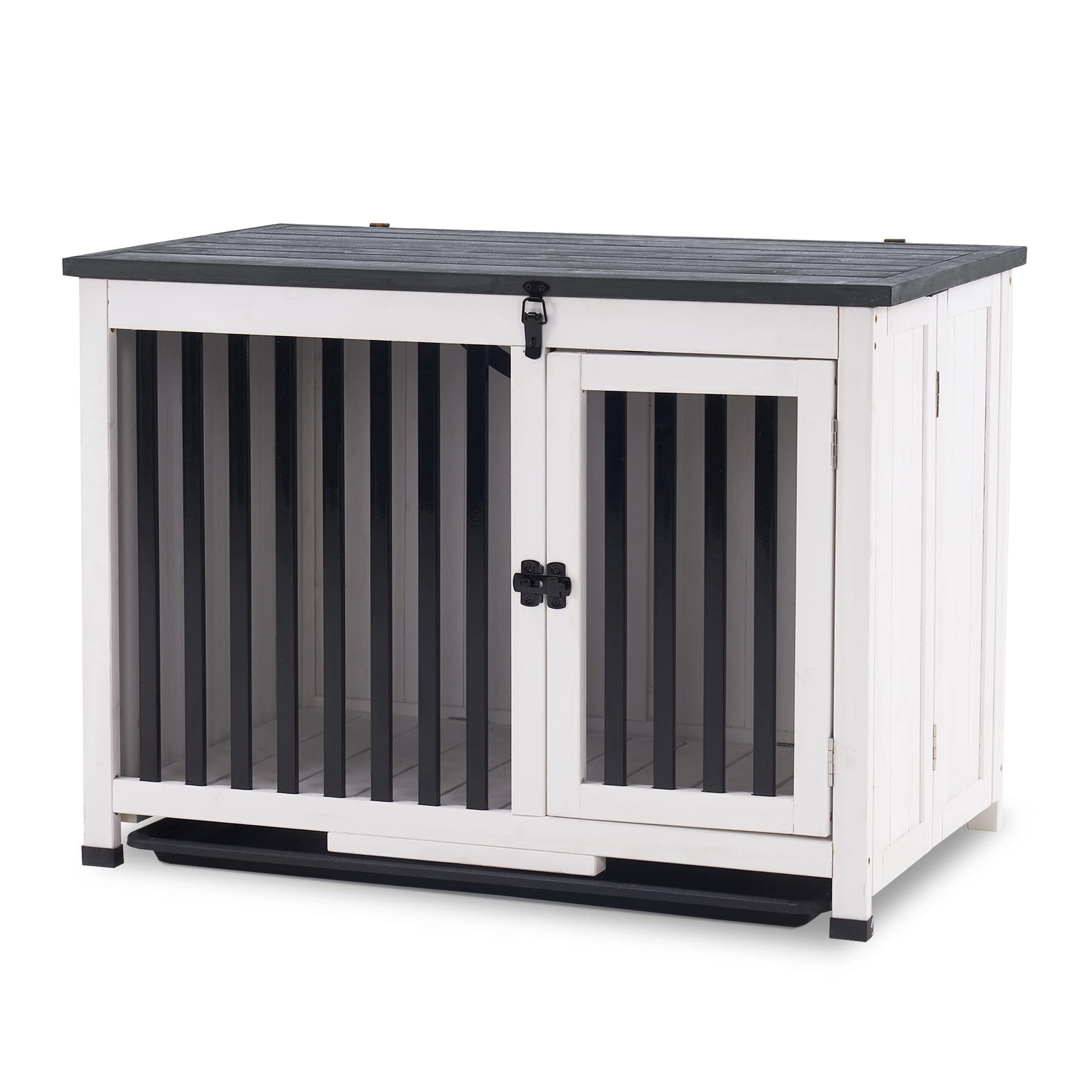 MCombo Wooden Dog Crate Furniture, Dog Kennel Pet House End Table, Solid Wood Portable Foldable Indoor Cage for Dogs, No Assembly Needed (Medium, White and Grey) - WoodArtSupply