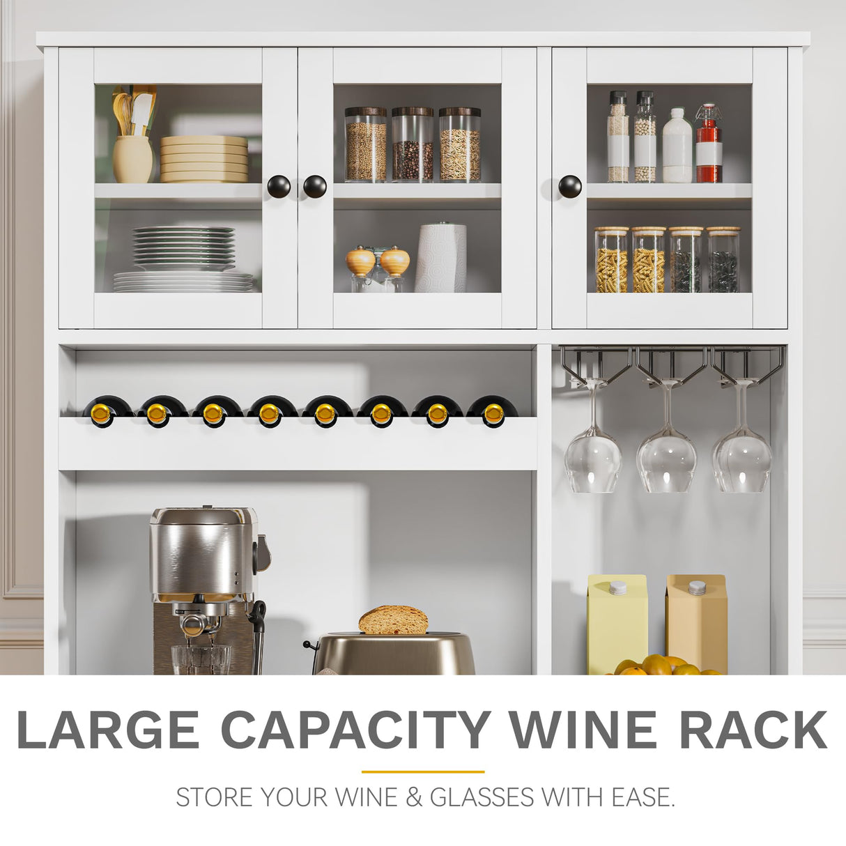 DWVO 71''H Kitchen Pantry Storage Cabinet with Power Outlet, Tall Cabinet with Doors, Shelves & Drawer, Buffet Cabinet with Goblet Holder and Wine Rack for Kitchen, Living Room (41''W, White) DWVO