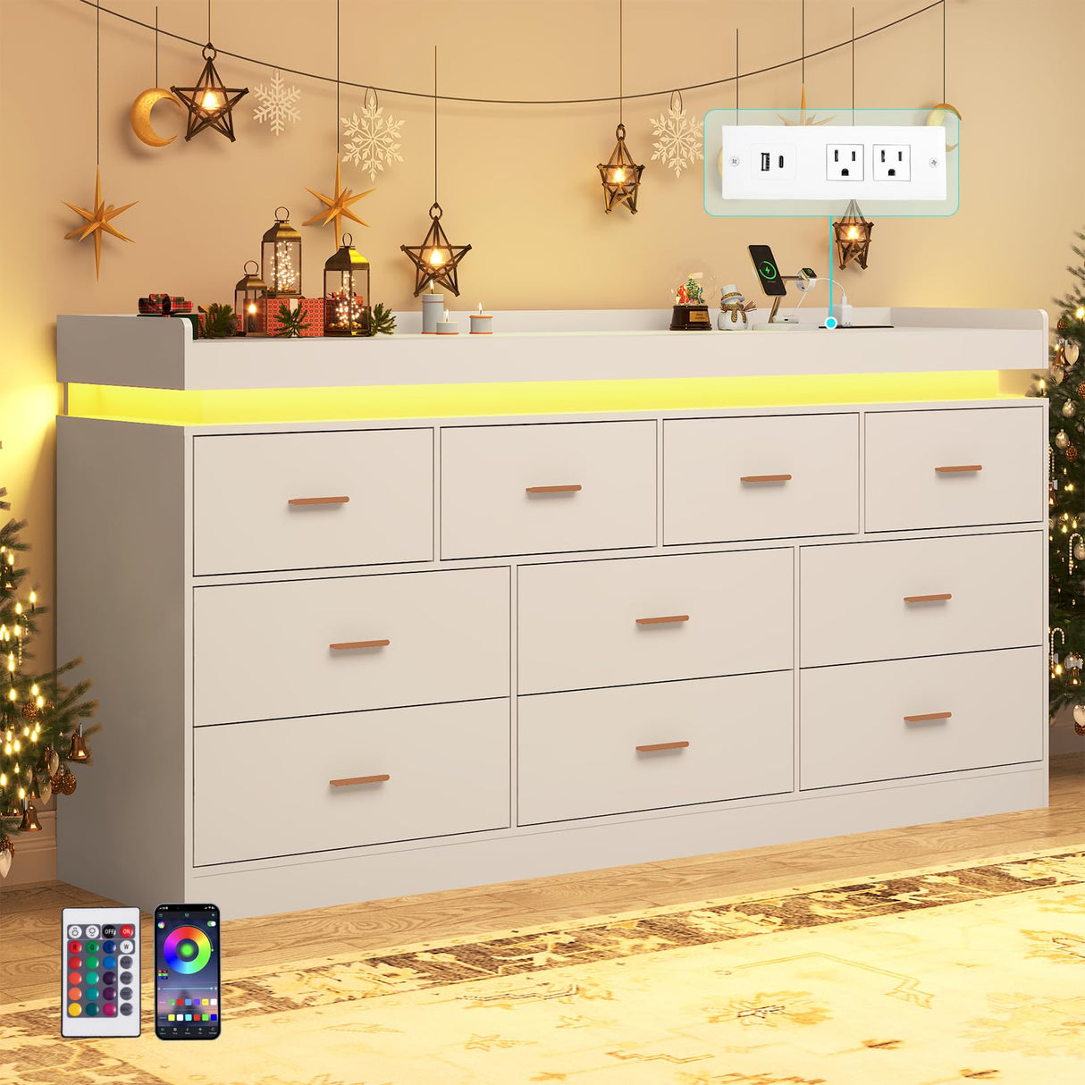 jiteentarou 10 Drawer Dresser with Charging Station and LED Lights, Modern Chest of Drawers with Power Outlet, Organizer Cabinet for, Living Room, Entryway, White jiteentarou
