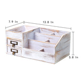 Distressed Rustic Wooden Office Desktop Organizer Shelf Tabletop Home Organizer Storage with Multiple Compartments 2 Tier Drawers perfect Jewelry storage Display Box for Desk Vanity (Washed white) VERGOODR