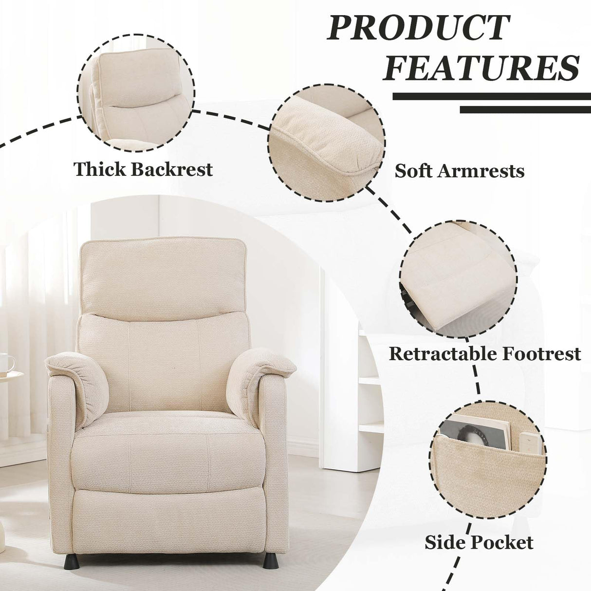 Small Recliners for Small Spaces, Adjustable Electric Recliner Chairs for Adults, Ultra-Comfy Chenille Power Recliner Chair w/Side Pockets & Remote for Nursery, Living Room, Bedroom (Beige) MWrouqfur