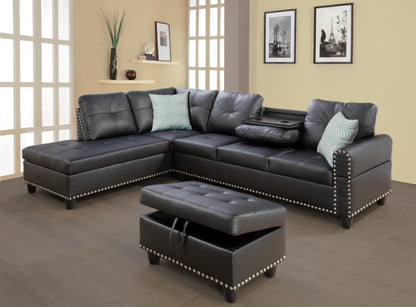 YOPTO Faux Leather Sectional Sofa with Movable Storage Ottoman,L-Shape Upholstered Modular Couch 5 Seater W/ 2 Toss Pillows and 2 Cup Holders for Living Room,Office,Black,98"