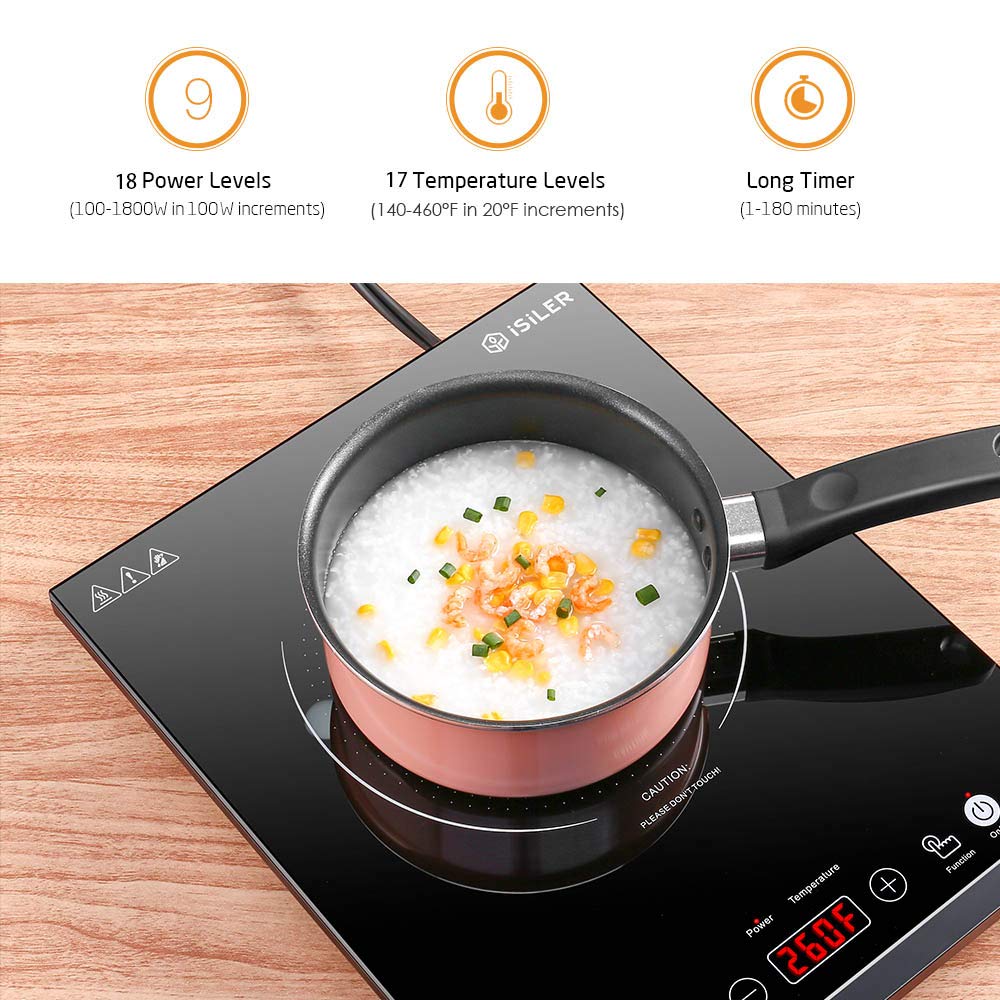 Portable Induction Cooktop, iSiLER 1800W Sensor Touch Electric Induction Cooker Hot Plate with Kids Safety Lock, 6.7" Heating Coil, 18 Power 17 Temperature Setting Countertop Burner with Timer ISILER