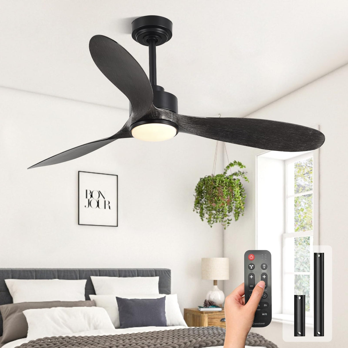Wood Ceiling Fans with Lights, 52 Inch Ceiling Fans with Light and Remote for Bedroom Living Room Kitchen Office, Indoor/Outdoor Use, 3CCT Dimmable, 3 Blades 6 Speed Reversible Quiet DC Motor, Black Conciseer