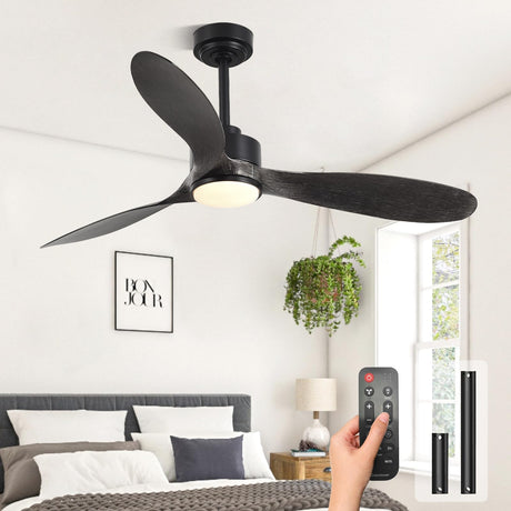 Wood Ceiling Fans with Lights, 52 Inch Ceiling Fans with Light and Remote for Bedroom Living Room Kitchen Office, Indoor/Outdoor Use, 3CCT Dimmable, 3 Blades 6 Speed Reversible Quiet DC Motor, Black Conciseer