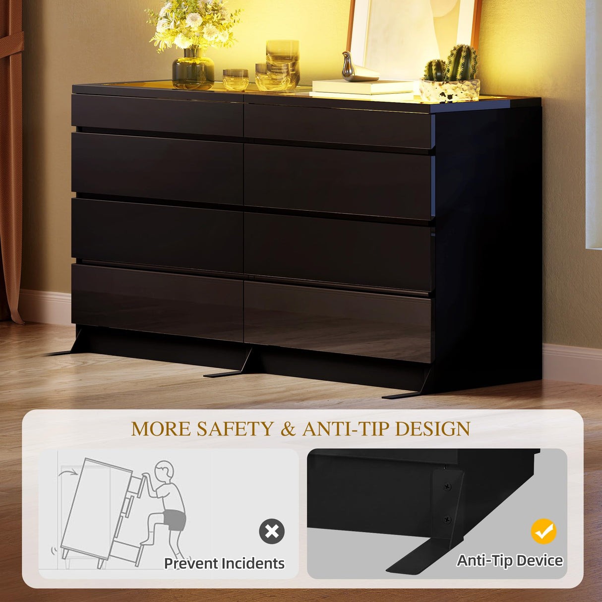 DWVO 8 Drawer Dresser with LED, Black Dresser, Modern 8 Chest of Drawers with Deep Drawers Glass Top High Gloss Surface, Storage Organizer Cabinet for Living Room DWVO