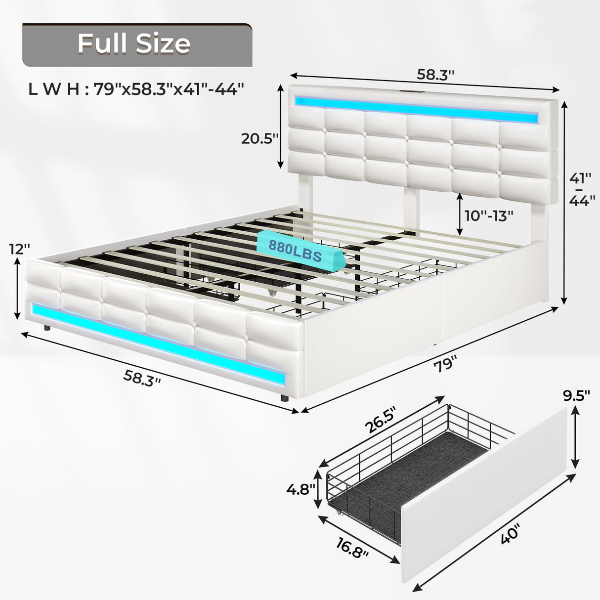 ADORNEVE Full Size LED Bed Frame with 4 Storage Drawers, Pu Leather Upholstered Platform Bed Full with Charging Station & LED Lights, Square Stitched Button Tufted Design, No Box Spring Needed, White ADORNEVE
