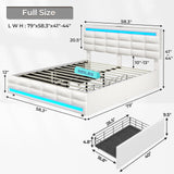 ADORNEVE Full Size LED Bed Frame with 4 Storage Drawers, Pu Leather Upholstered Platform Bed Full with Charging Station & LED Lights, Square Stitched Button Tufted Design, No Box Spring Needed, White ADORNEVE