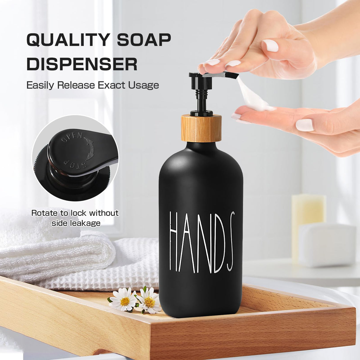 ALPIRIRAL Matte Black Bathroom Accessories Set, 5 Pcs Glass Bathroom Accessory Set with Bamboo Tray, Soap Dispenser and Toothbrush Holder Set, Qtip Holder Set, Farmhouse Boho Bathroom Set Complete ALPIRIRAL