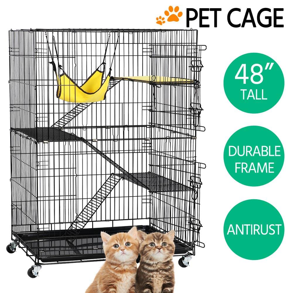 Yaheetech 49'' Collapsible Cat Cage 4-Tier Metal Cat Kennel Ferret Enclosure Chinchilla Cage with Rotating Casters/Ramp/Ladders/Hammock for Indoor Kitten