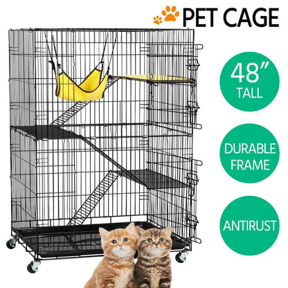 Yaheetech 49'' Collapsible Cat Cage 4-Tier Metal Cat Kennel Ferret Enclosure Chinchilla Cage with Rotating Casters/Ramp/Ladders/Hammock for Indoor Kitten