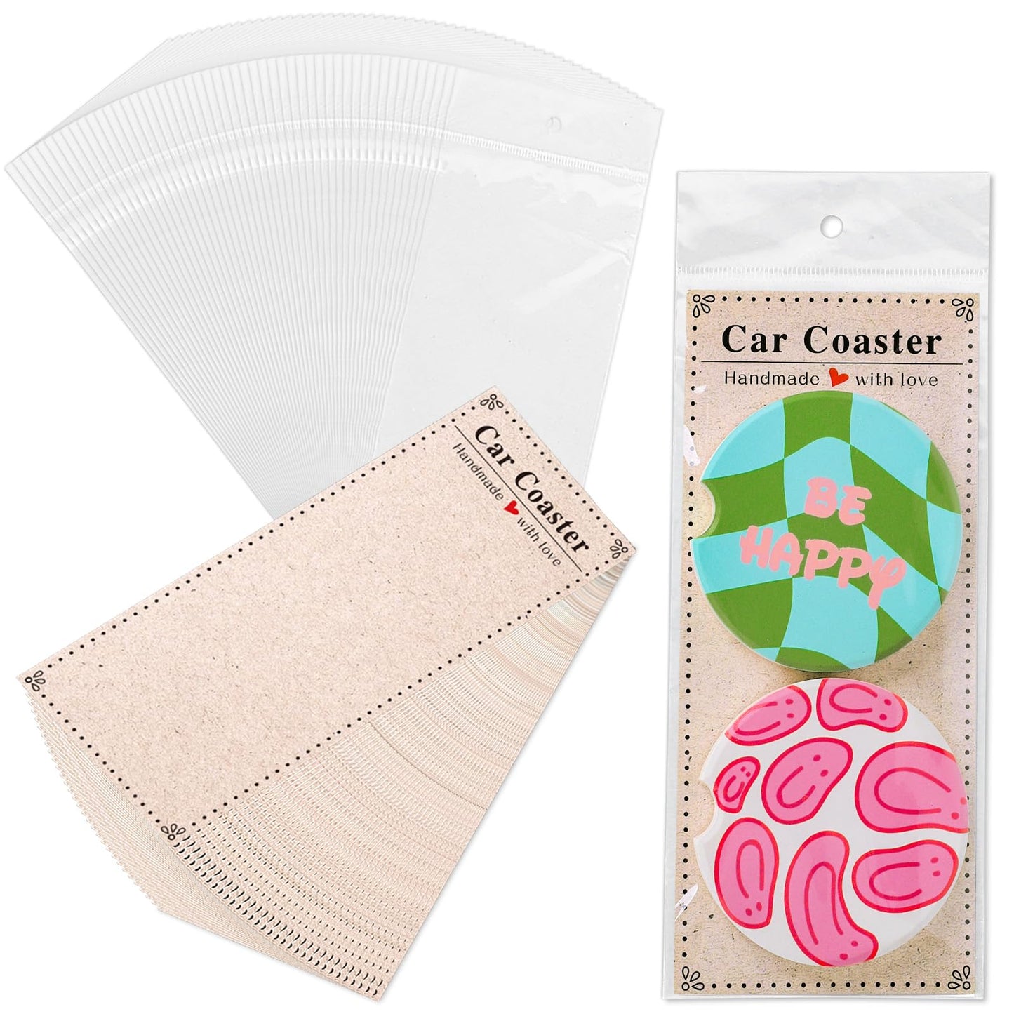 Whaline 120Pcs Car Coaster Packaging for Selling Sublimation Car Coaster Display Cards with Self-Seal Bags Car Coaster Display Bags with White Kraft Cards Heat Press Machines Accessories