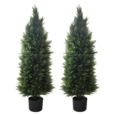Artificial Topiary Tree 2-Set - Beautiful Realistic Faux Cedar Pines, 4 Feet Tall, UV Protection for Longer Life, 6" Wide Heavy Duty Pots for Outdoor & Indoor Decor AUMMOOH