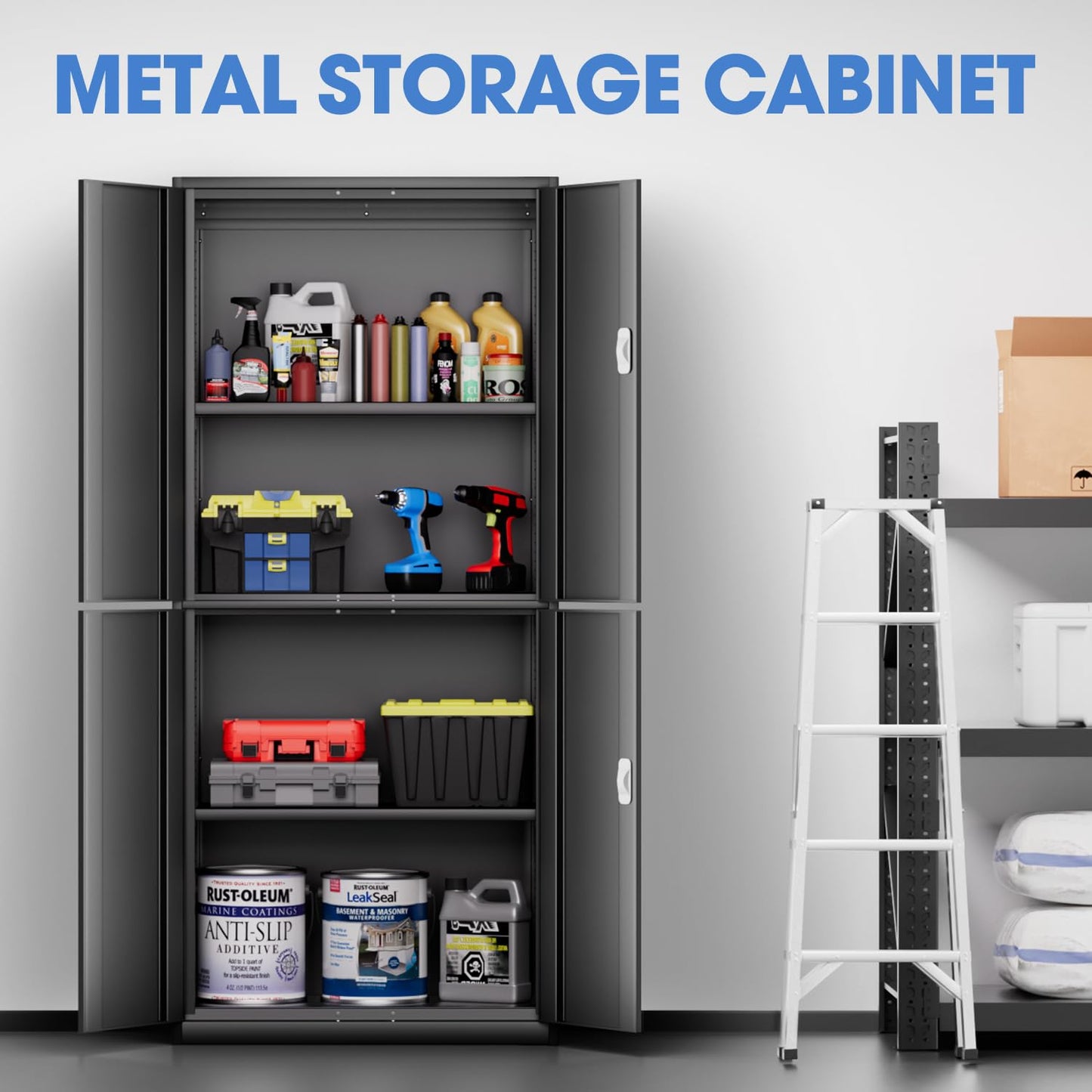 DNA MOTORING Metal Storage Cabinet, 71'' Locking Cabinet with 4 Doors and 2 Adjustable Shelves, Metal Cabinet Heavy Duty Utility Cabinet for Garage,Office,Home,Gym, Black, TOOLS-00634-BK-BK