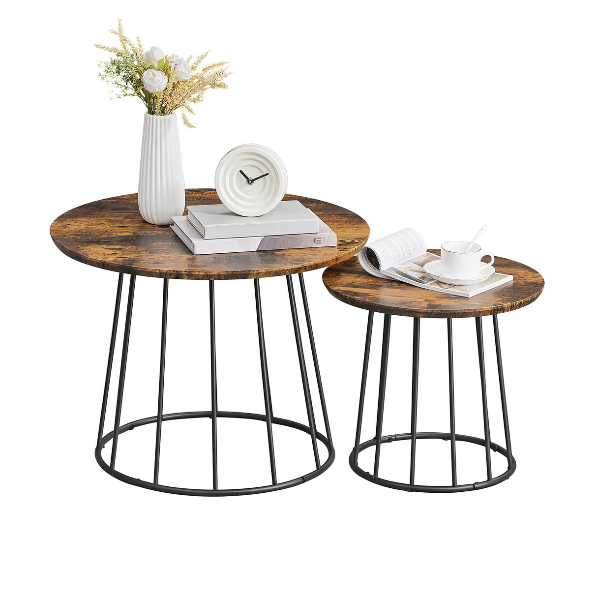 VASAGLE Round Coffee Tables, Set of 2, Modern Circle Side Tables with Steel Frame, for Living Room, Bedroom, Rustic Brown ULCT045K01 VASAGLE