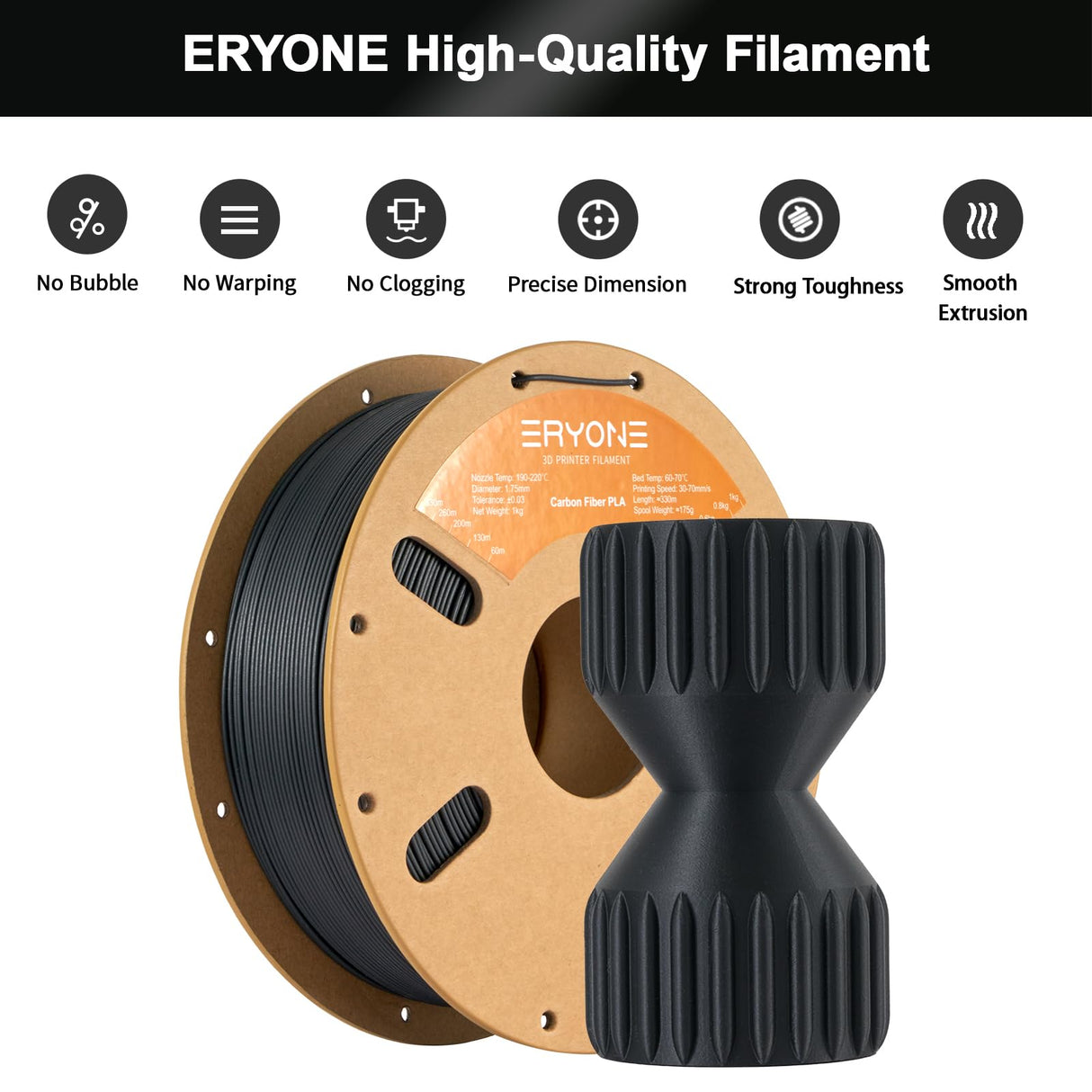 ERYONE Carbon Fiber PLA Filament 3D Printer PLA Filament 1.75mm +/- 0.03mm, PLA-CF Filament 1KG Cardboard Spool(2.2LBS), Black ERYONE