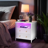 Tykacna 27 Inch Wide Night Stand, Wooden Night Stand with 2 Drawers, LED Nightstands with Charging Station and Adjustable Drawer for Living Room/Bedroom/Study/Office Nightstand, White. Tykacna