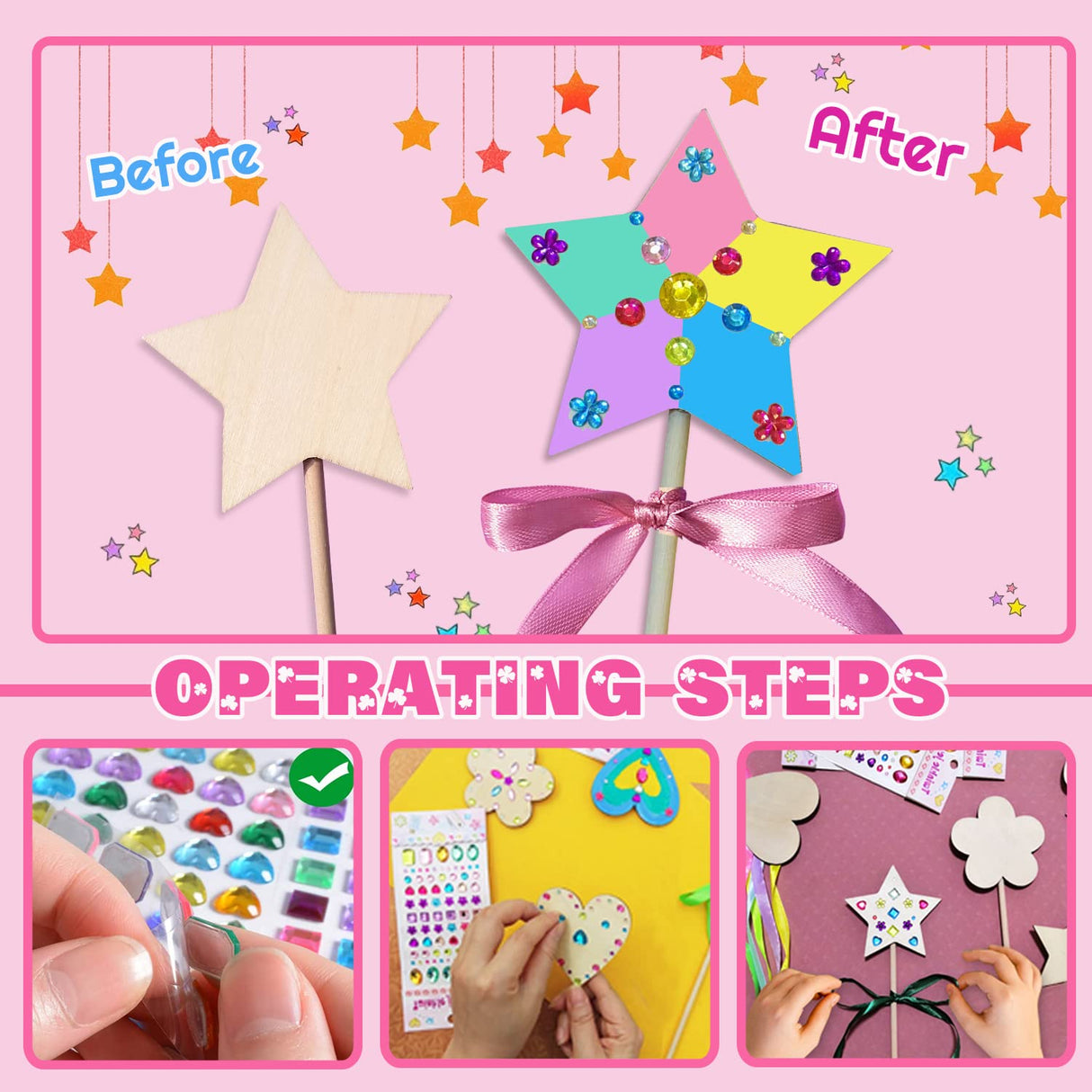 WUBOMJIO Princess Fairy Wands Craft Kit, Kid Birthday Party Supplies Make Your Own Magic Wands Include Unfinished Wooden Fairy Wands, Gem Stickers, Ribbons, Ideal for Kids 6+(14 PCS) WUBOMJIO