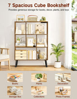 OUTONLIFE 7-Cube Bookshelf with LED Lights, Touch & Remote Control, Freestanding Open Bookcase Storage Shelf, Dimmable Modern Wooden Display Organizer with Legs for Living Room, Bedroom (Rustic Brown) OUTONLIFE