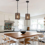 Farmhouse Rustic Pendant Light, 1-Light Round Cage Pendant Lighting Fixture with Adjustable Chain for Kitchen Island Hallway Dining Room Bar, Solid Wood wochos