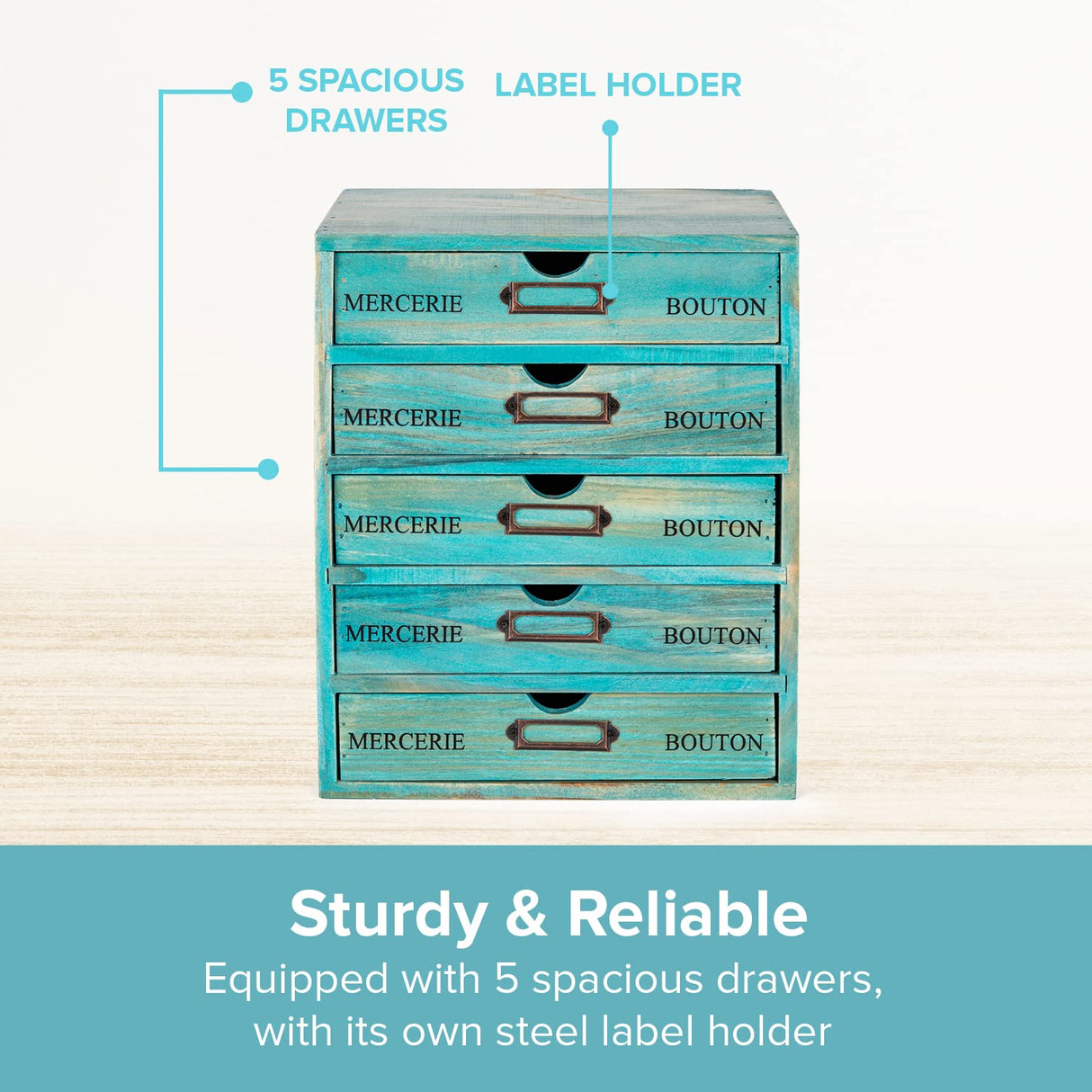 Turquoise 5-Tier Drawer Desktop Curio Cabinet - French Farmhouse Country Desk Organizer Box - Wooden Stackable Shelves - Teal Countertop Shelf w/Label Holder - 5-Level File Drawer Unit Woodaholic