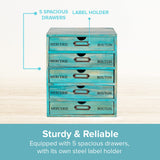 Turquoise 5-Tier Drawer Desktop Curio Cabinet - French Farmhouse Country Desk Organizer Box - Wooden Stackable Shelves - Teal Countertop Shelf w/Label Holder - 5-Level File Drawer Unit Woodaholic