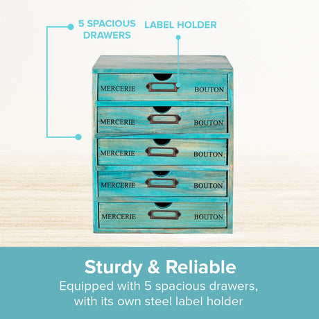 Turquoise 5-Tier Drawer Desktop Curio Cabinet - French Farmhouse Country Desk Organizer Box - Wooden Stackable Shelves - Teal Countertop Shelf w/Label Holder - 5-Level File Drawer Unit Woodaholic